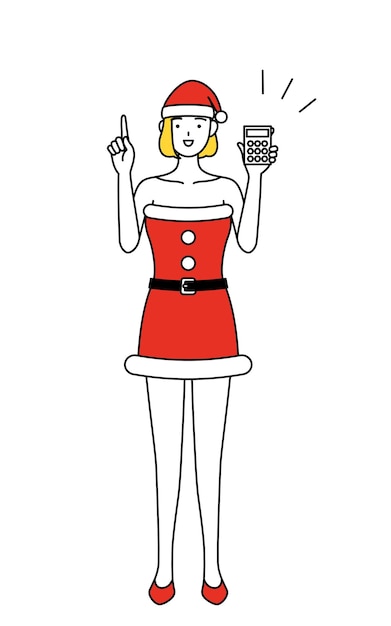 Vector ilustración de dibujo de línea simple de una mujer vestida como santa claus sosteniendo una calculadora y señalando