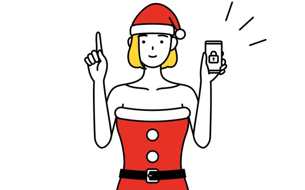 Ilustración de dibujo de línea simple de una mujer vestida como Santa Claus tomando medidas de seguridad para su teléfono