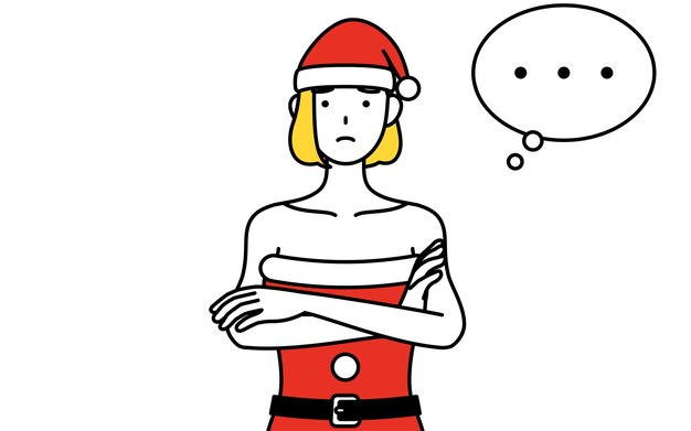 Ilustración de dibujo de línea simple de una mujer vestida como Santa Clausarms pensamiento cruzado