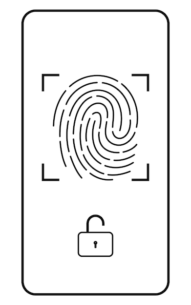 Ilustración de dibujo de línea simple de reconocimiento de huellas dactilares de seguridad biométrica y un teléfono inteligente