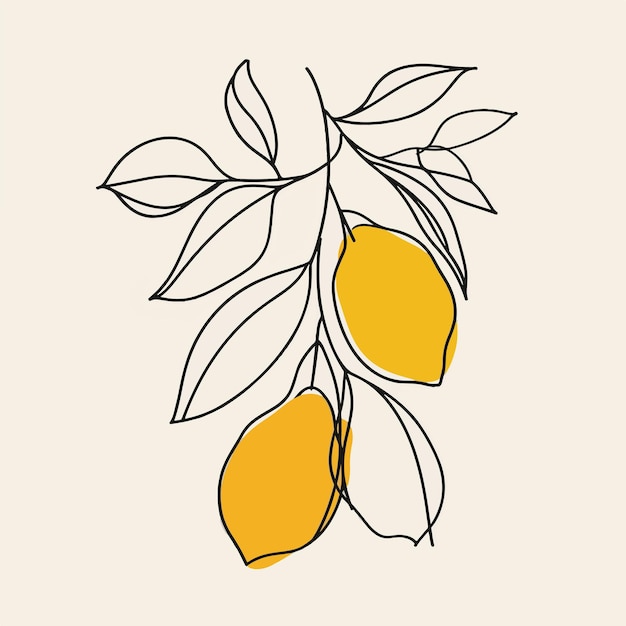 Ilustración de dibujo lineal simple de un limón en la rama de un árbol