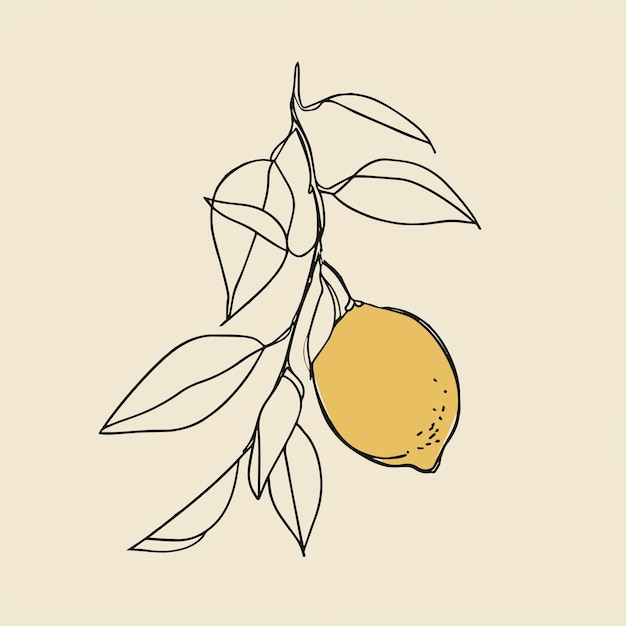 Ilustración de dibujo lineal simple de un limón en la rama de un árbol