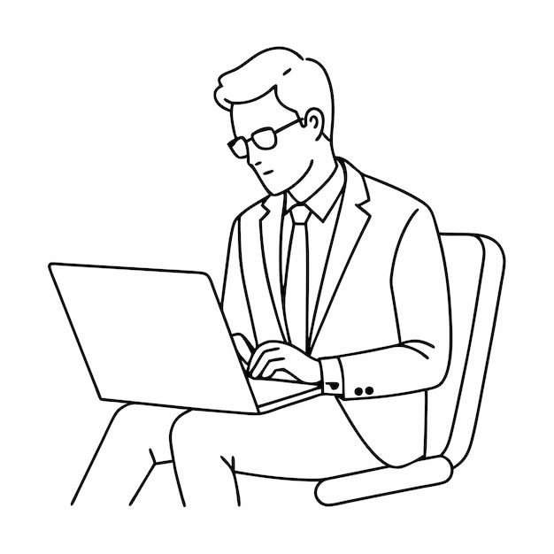 Ilustración de dibujo de líneas continuas de un hombre de negocios trabajando diligentemente en su portátil mientras está sentado en una silla de oficina con gafas 19