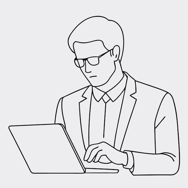 Ilustración de dibujo de líneas continuas de un hombre de negocios trabajando diligentemente en su portátil mientras está sentado en una silla de oficina con gafas 57