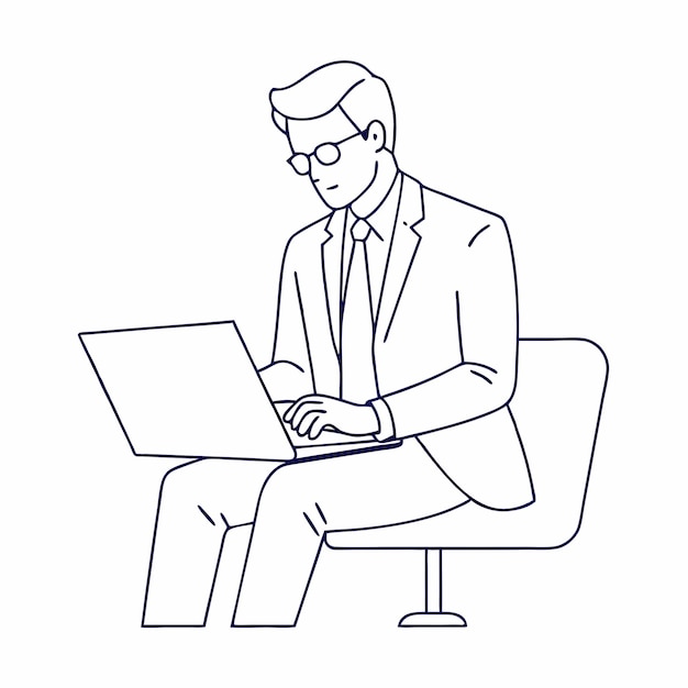 Ilustración de dibujo de líneas continuas de un hombre de negocios trabajando diligentemente en su portátil mientras está sentado en una silla de oficina con gafas 9