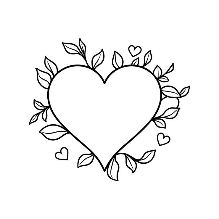 Ilustración de dibujo de líneas de corazones con hojas y corazones pequeños