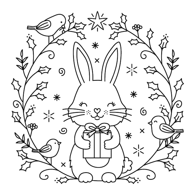 Ilustración de dibujo de líneas vectoriales de conejos y pájaros de Navidad