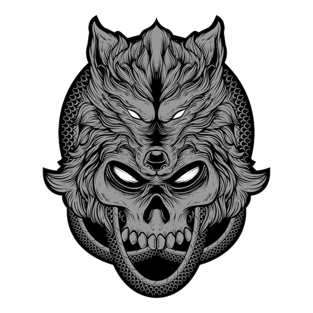 Ilustración de dibujo a mano alzada, cabeza de lobo de cráneo con piel de serpiente redonda. Prima
