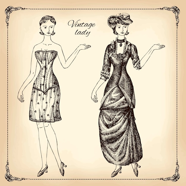 Vector ilustración de dibujo a mano de dama vintage