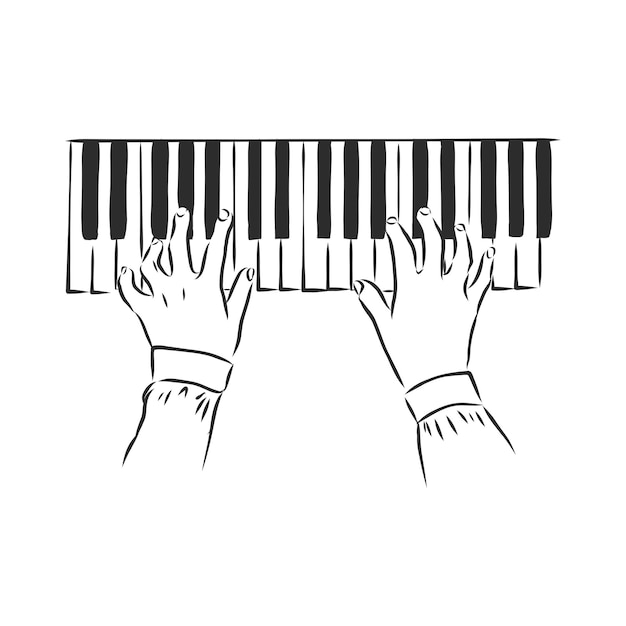 Ilustración de dibujo de manos humanas tocando el piano sobre un fondo retro