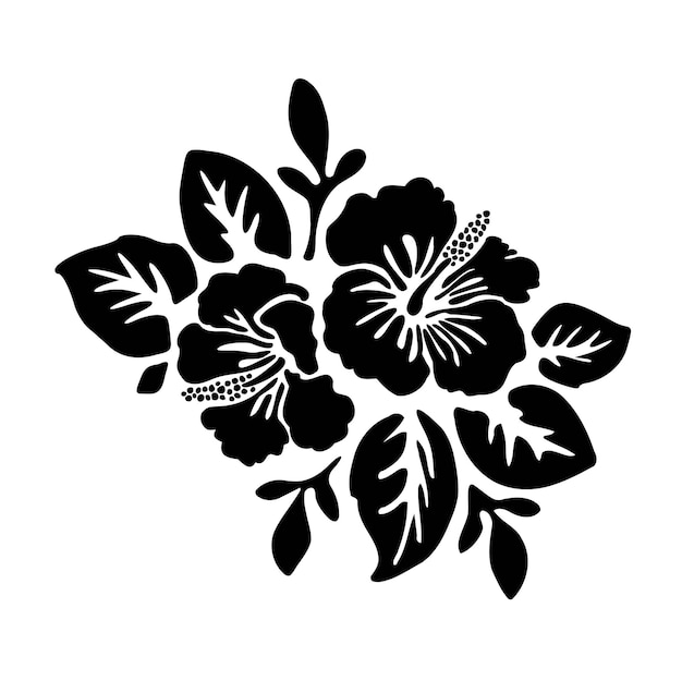 Ilustración de dibujo de silueta de tatuaje de flores de hibisco exóticas tropicales negras.Plantilla hawaiana