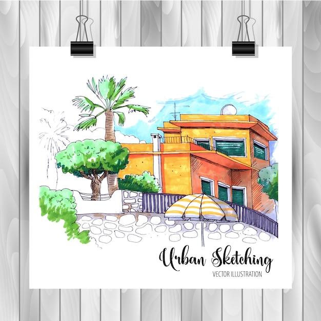 Ilustración de dibujo urbano de dibujado a mano