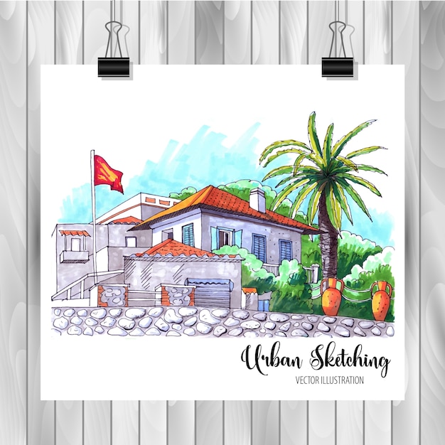 Ilustración de dibujo urbano de dibujado a mano