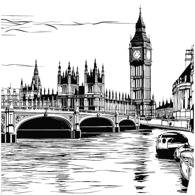 Ilustración de dibujo vectorial de Big Ben, uno de los puntos de referencia más significativos de Londres, Reino Unido