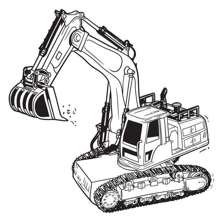 Vector ilustración de dibujo vectorial de excavadora dibujada a mano en blanco y negro