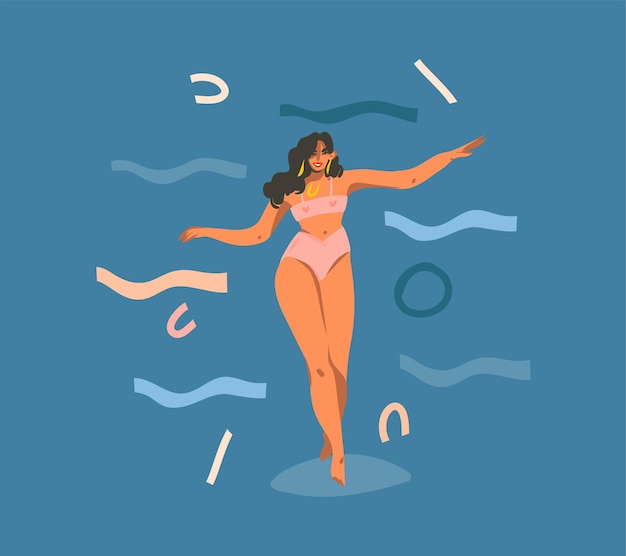 Ilustración de dibujos animados abstracto con joven sonriente feliz y saludable personaje femenino bailando
