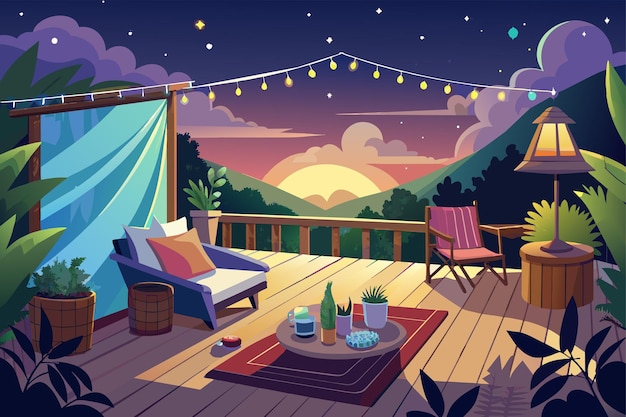 Vector ilustración de dibujos animados de una acogedora terraza al aire libre por la noche con dos sillas una pequeña mesa una alfombra tejida y una vista de un cielo estrellado sobre colinas onduladas