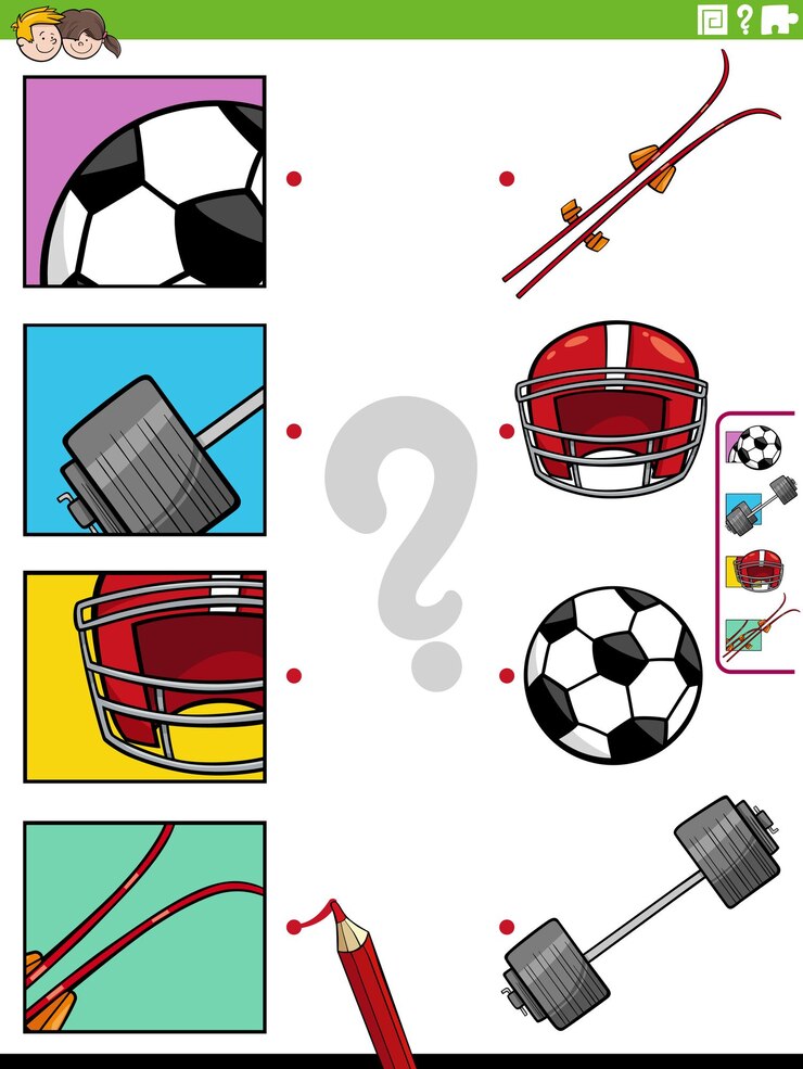 Vector ilustración de dibujos animados de actividad educativa de emparejamiento con objetos deportivos y sus recortes de imágenes