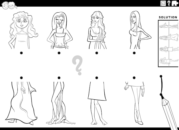 Ilustración de dibujos animados de la actividad de las mitades coincidentes con personajes femeninos para colorear