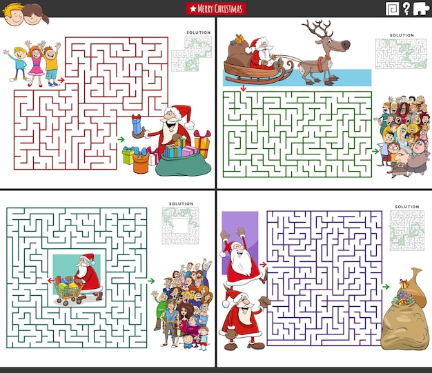 Ilustración de dibujos animados de actividades educativas de rompecabezas de laberintos con Santa Claus y gente en Navidad