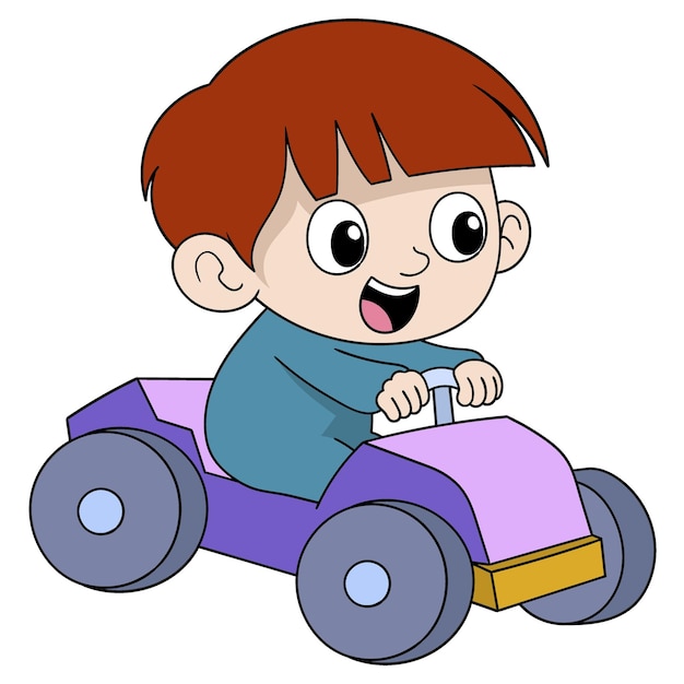 Vector ilustración de dibujos animados de actividades infantiles niño feliz jugando con su carrera de coches de juguete