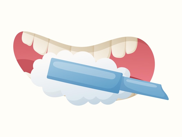 Ilustración de dibujos animados aislados de la cavidad bucal, cepillado de dientes, cepillo de dientes, pasta de dientes y espuma.