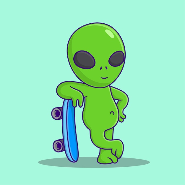 Ilustración de dibujos animados alienígenas con diseño vectorial de patineta