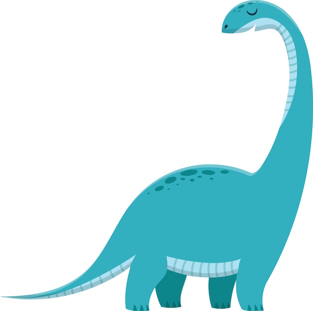 Ilustración de dibujos animados de un amistoso dinosaurio braquiosaurio del período jurásico sonriendo y mirando hacia arriba con los ojos cerrados