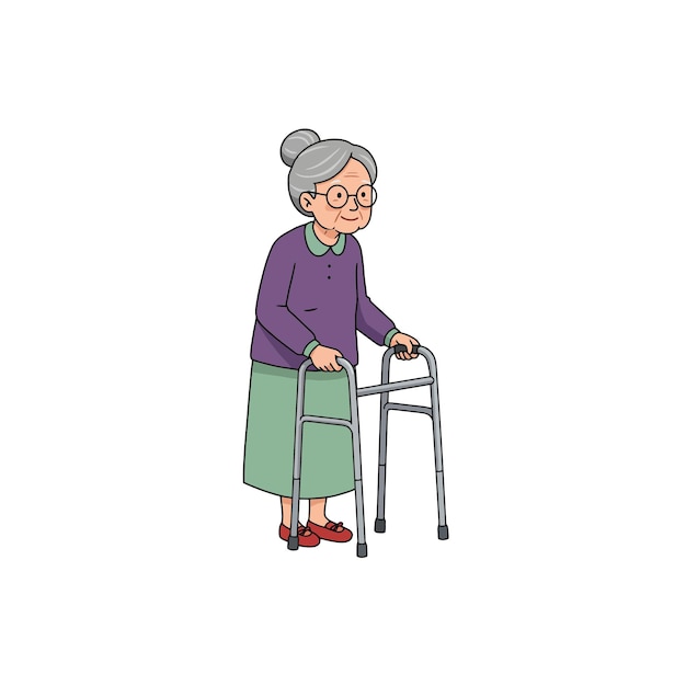 Ilustración de dibujos animados de la anciana con Walker