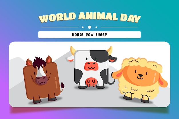 Vector ilustración de dibujos animados de animales cuadrados del día mundial de los animales conjunto caballo vaca y oveja