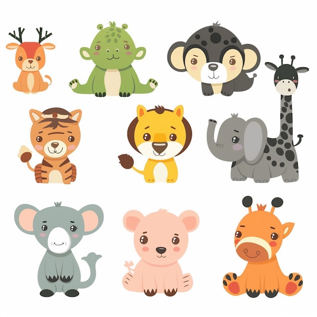 Ilustración de dibujos animados de animales lindos diseño vectorial de personajes de bebé colección de impresión de fondo
