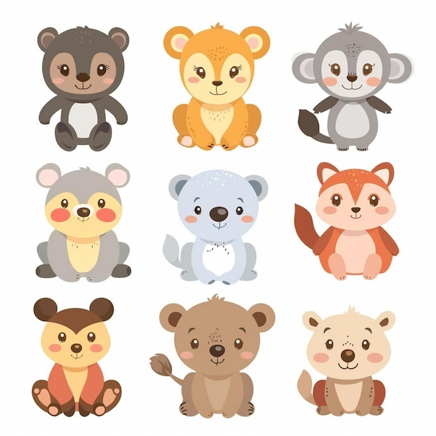 Ilustración de dibujos animados de animales lindos diseño vectorial de personajes de bebé colección de impresión de fondo