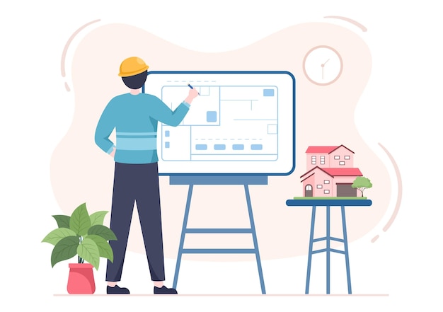 Ilustración de dibujos animados de arquitecto o ingeniero para dibujar construcciones de edificios y miniaturas de proyectos