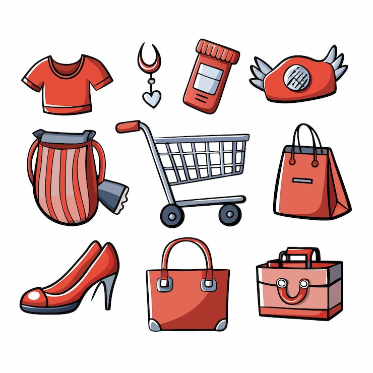 Vector ilustración de dibujos animados de artículos de compras con color rojo y blanco