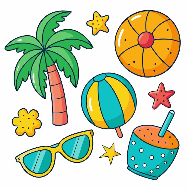 Una ilustración de dibujos animados de artículos de verano como gafas de sol una pelota de playa de palma una bebida con una pajita y una estrella de mar sobre un fondo blanco