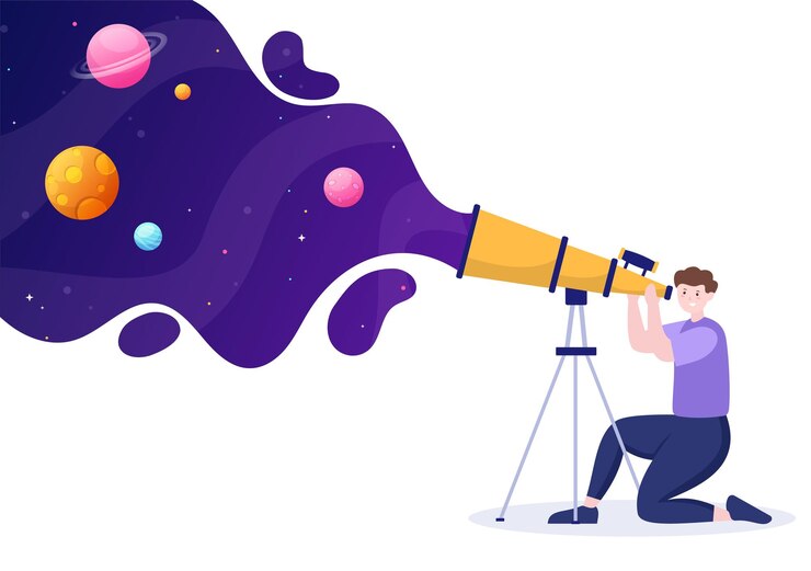 Vector ilustración de dibujos animados de astronomía con telescopio para ver el cielo estrellado, la galaxia y los planetas