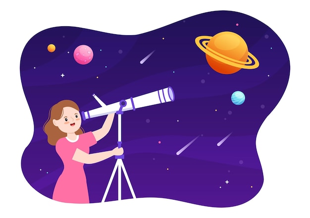 Ilustración de dibujos animados de astronomía con telescopio para ver el cielo estrellado, la galaxia y los planetas