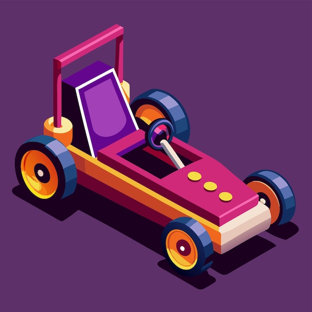 Ilustración de dibujos animados de un automóvil deportivo de carreras de fórmula que llega a la línea de meta para ganar
