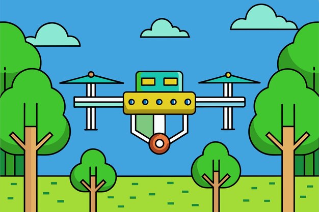 una ilustración de dibujos animados de un avión con árboles y un cielo azul con un avión volando en el fondo