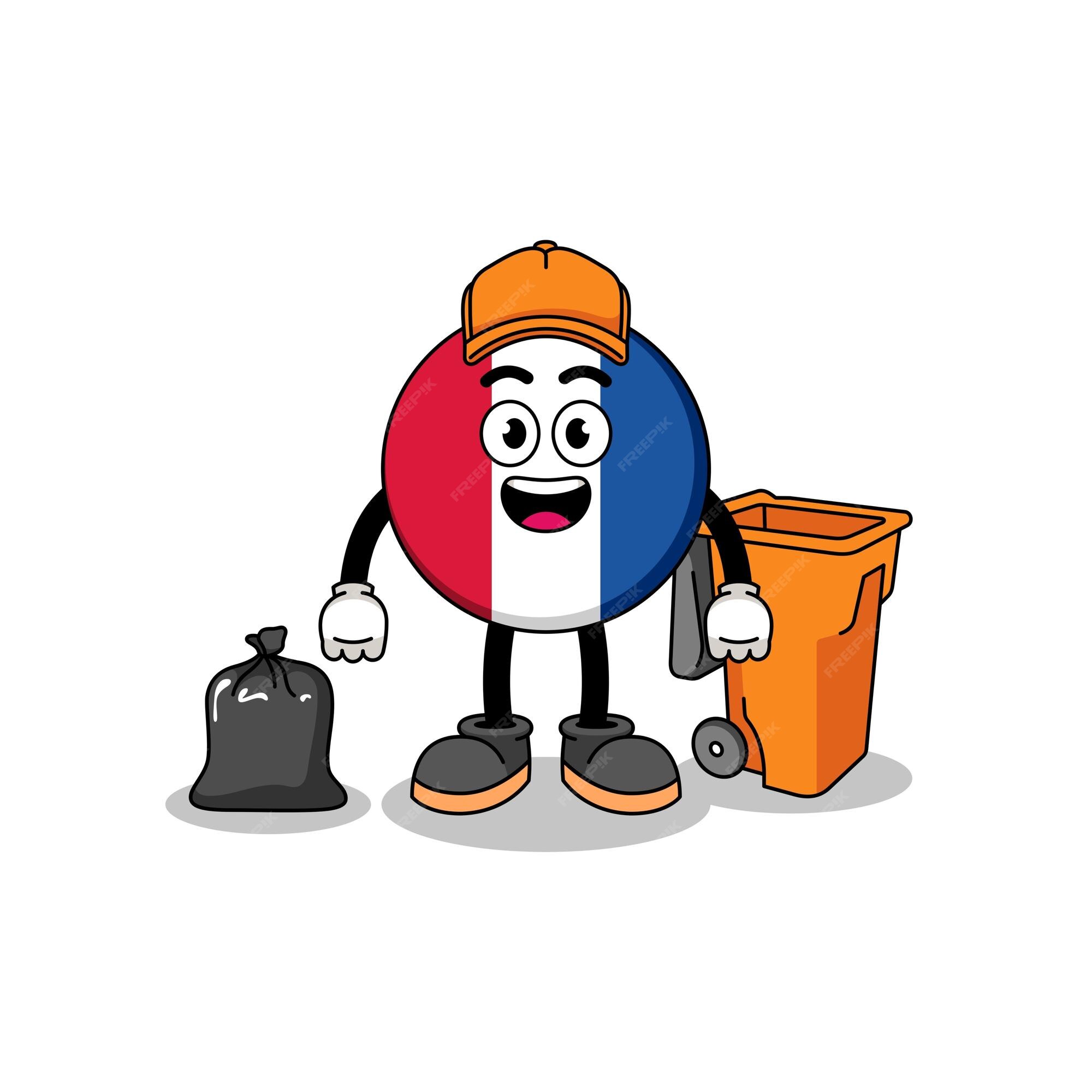 Ilustración de dibujos animados de la bandera de francia como un diseño de personajes de recolector de basura | Vector Premium Ilustración de dibujos animados de la bandera de francia como un diseño de personajes de recolector de basura | Vector Premium