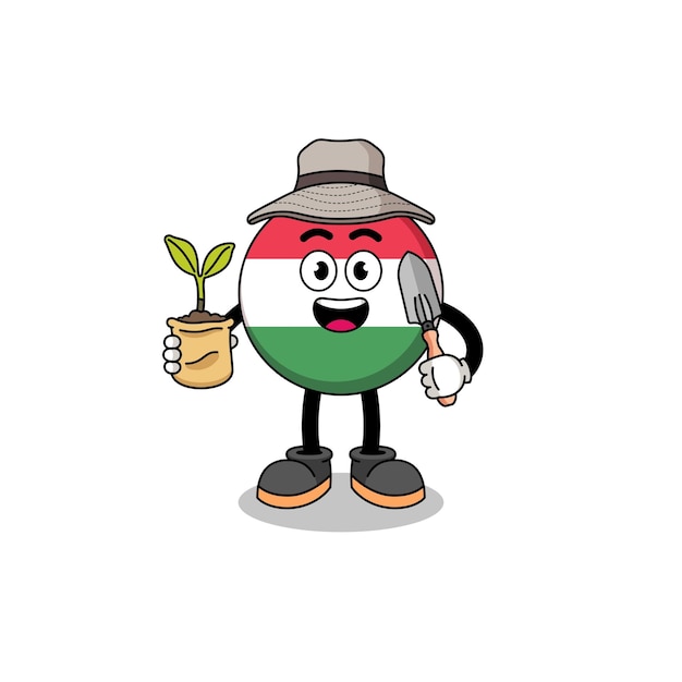 Ilustración de dibujos animados de bandera de hungría sosteniendo una semilla de planta