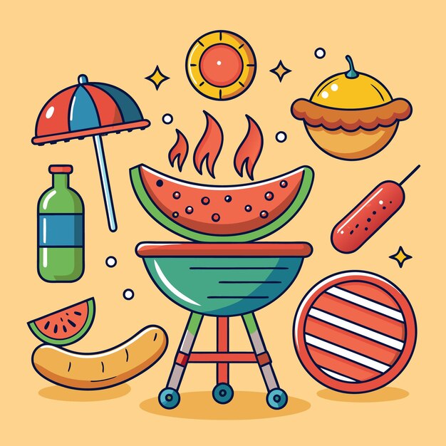 Ilustración de dibujos animados de una barbacoa de verano con perrito caliente a la parrilla de sandía y más