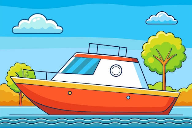 Vector una ilustración de dibujos animados de un barco con un árbol verde y un árbol verde