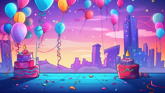 Vector una ilustración de dibujos animados de un barco con globos y un barco con un barco en el fondo