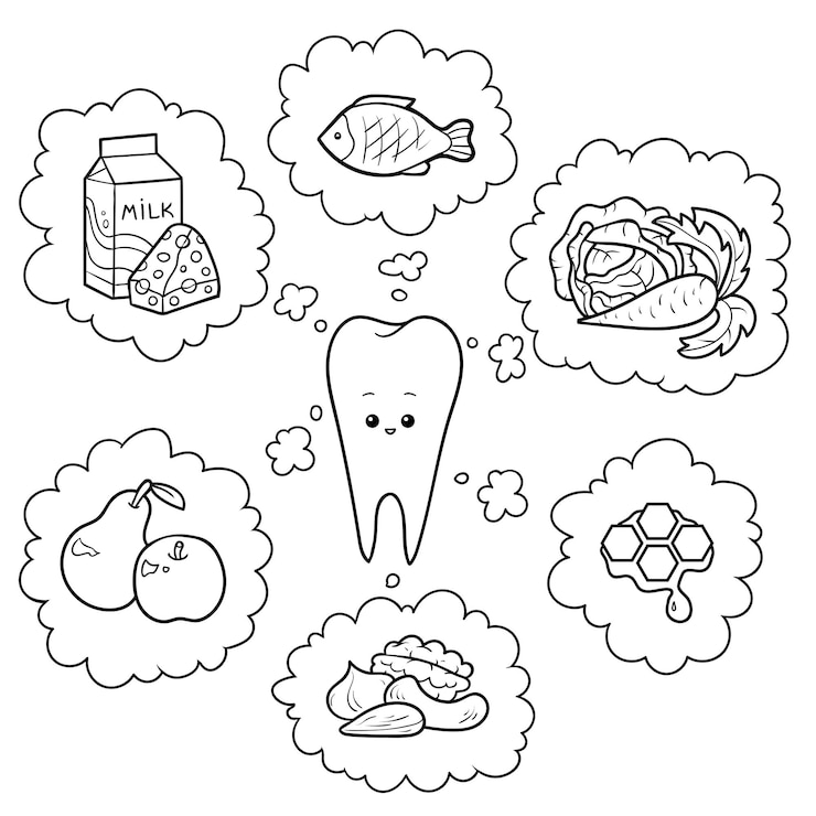 Vector ilustración de dibujos animados en blanco y negro buena comida para los dientes cartel educativo para niños sobre la salud