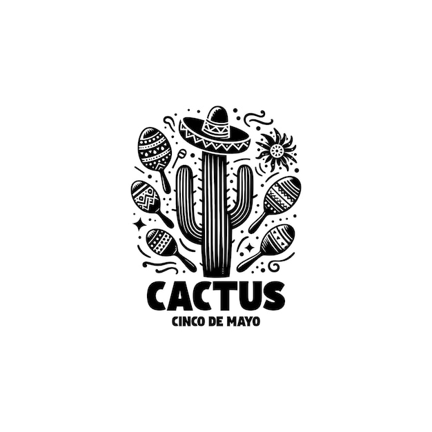 Una ilustración de dibujos animados en blanco y negro de un cactus con un sombrero mexicano con una guitarra cinco de mayo
