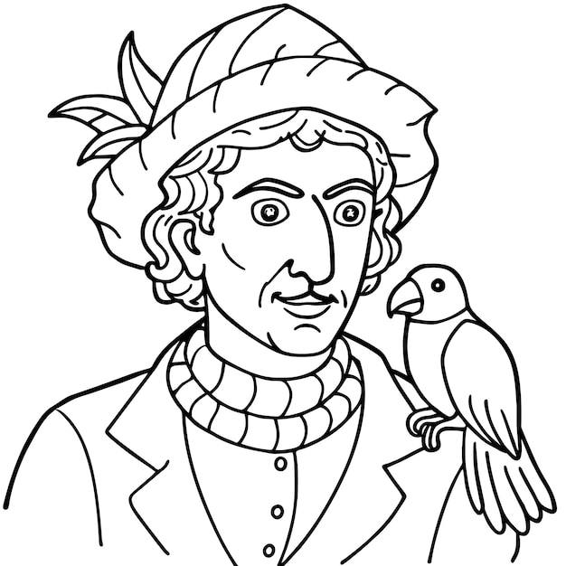 Ilustración de dibujos animados en blanco y negro del capitán pirata con un pájaro loro para libro de colorear