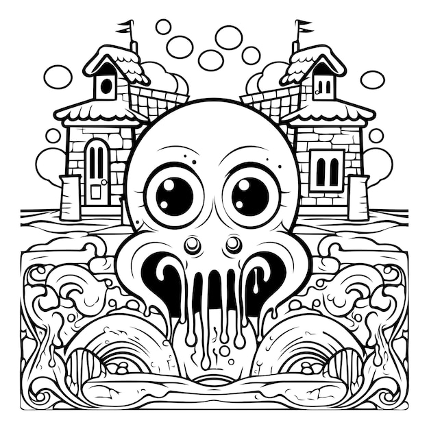 Vector ilustración de dibujos animados en blanco y negro de un cráneo rodeado de casas viejas