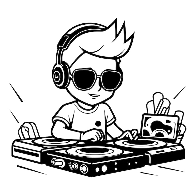 Ilustración de dibujos animados en blanco y negro de un dj boy tocando música