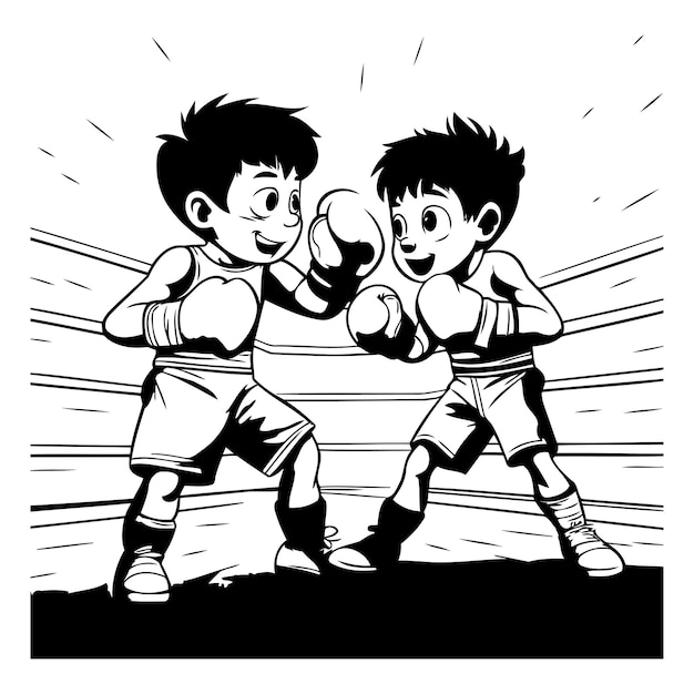 Ilustración de dibujos animados en blanco y negro de dos boxeadores en acción Vector Clip Art